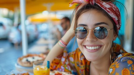 Obraz premium Woman having fun while eating pizza and drinking cocktail at restaurant on a street in Rome Concept of Italian gastronomy and travel Stylish woman with sunglasses and colorful hair sha : Generative AI