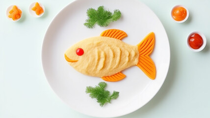 Funny food for kids, cute fish on a plate on a light background, a character with eyes