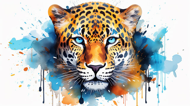 Jaguar, spotted tiger, wild cat, leopard in colored splashes of watercolor paints on a white background