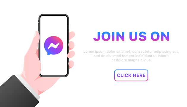 Join us now banner. Social media Facebook. Messenger logo. Flat style. Vector illustration.