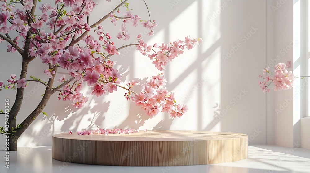 Poster Geometric empty podium wooden platform stand for product presentation and spring flowering tree branch with pink flowers on white background : Generative AI