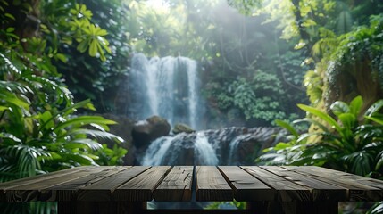 Waterfall with empty table top old wood podium outdoor in tropical forest greenery blurred backgroundOrganic healthy natural product present placement pedestal counter displaynature ju : Generative AI