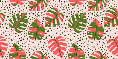 Modern abstract pattern with monstera leaves in green and pink with doodle and dots texture. Summer tropical ornament, template for gift paper, fabric, cover