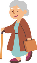 Doodle styled isolated old woman walking with cane carrying briefcase cartoon illustration svg for grandparents, grandmother, retirement, aging society, generation, care, healthcare, mother, business 