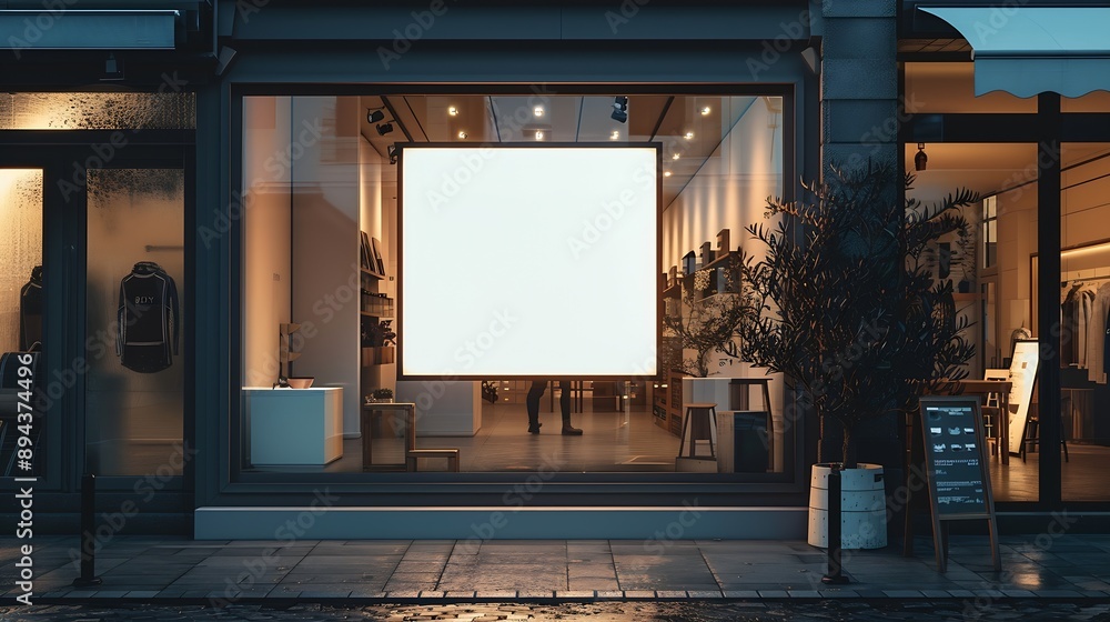 Poster a blank square billboard mockup at the front door of a shop this photo is perfect for designers and 