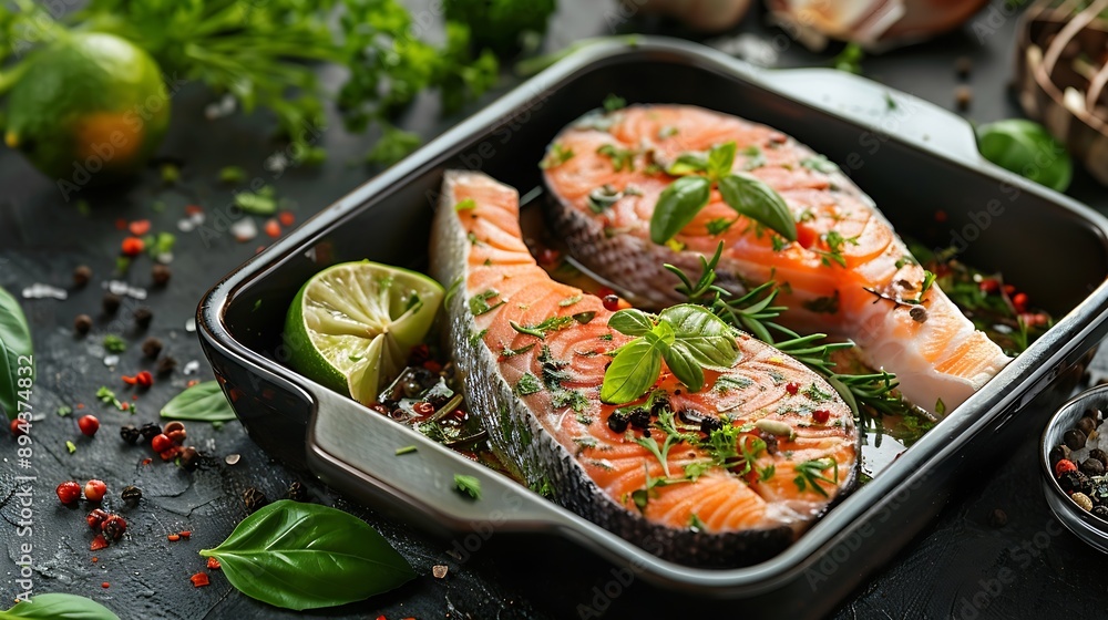 Poster raw catfish steaks with herbs lime and spices in a baking dish on a dark background top view high qu