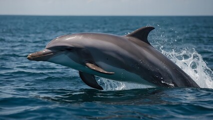 Fototapeta premium A dolphin emerging from the ocean with exuberance