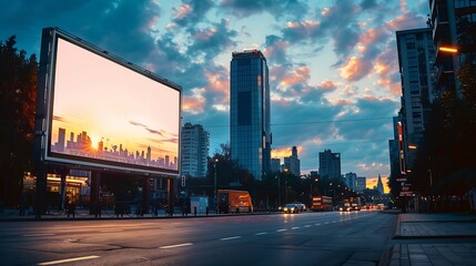 Obraz premium A large information display for advertising on the street in the city against the backdrop of a skyscraper and a beautiful sky : Generative AI