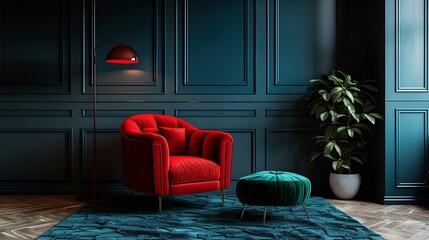 Apartment with comfortable red velour armchair minimalist floor lamp and green pouf or ottoman in living room with dark blue velvet wall panels and floor carpeting Concept of luxury in : Generative AI