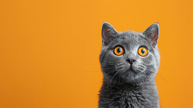 A gray cat with striking orange eyes staring ahead with a surprised expression, set against a solid orange background. The image conveys curiosity and focus, with ample copy space.