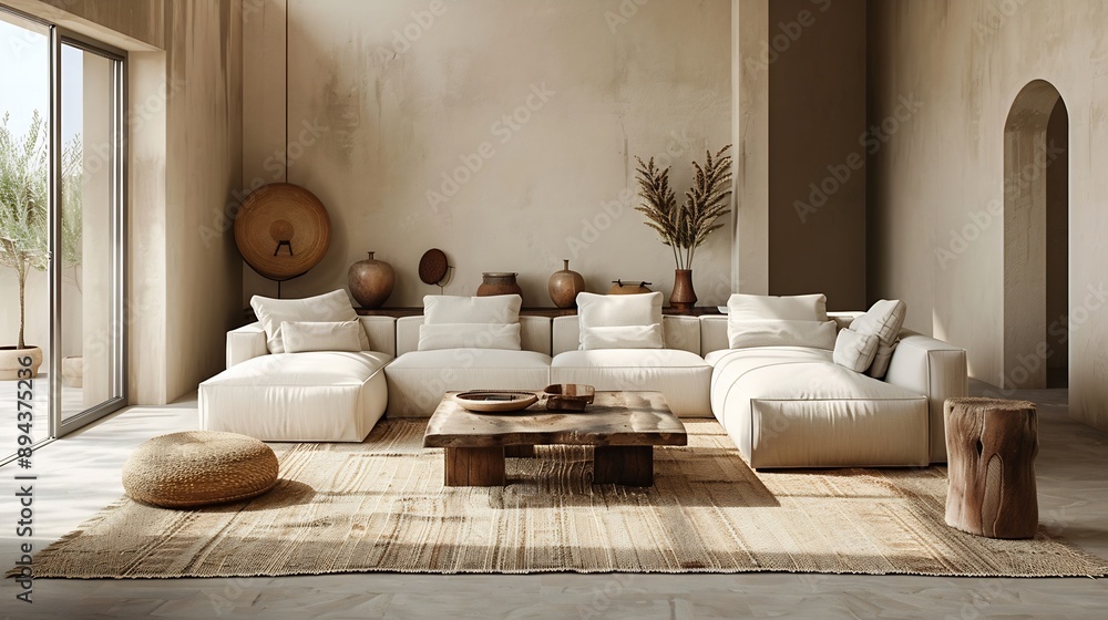 Poster minimalist boho home interior background with rug sofa and coffee tables living room in beige color 