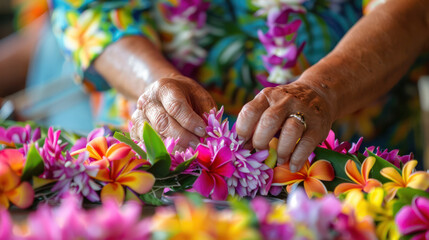 Hands Weaving Colorful Lei in Hawaii