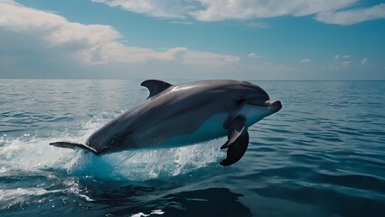 Fototapeta premium A dolphin breaching the surface with cheerful energy
