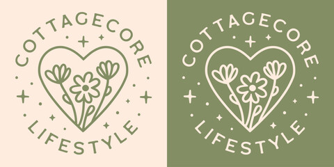 Cottagecore lifestyle quotes round badge button sticker ornament. Cute green flowers floral heart wildflowers cottage life slow living aesthetic decor vector for shirt design printable cut file.