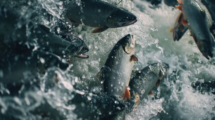 Fototapeta premium Photograph of a school of salmon navigating through rushing rapids, capturing the dynamic energy and beauty of aquatic life in migration.