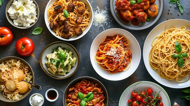 Italian food panorama Various pasta dishes overhead flat lay shot : Generative AI