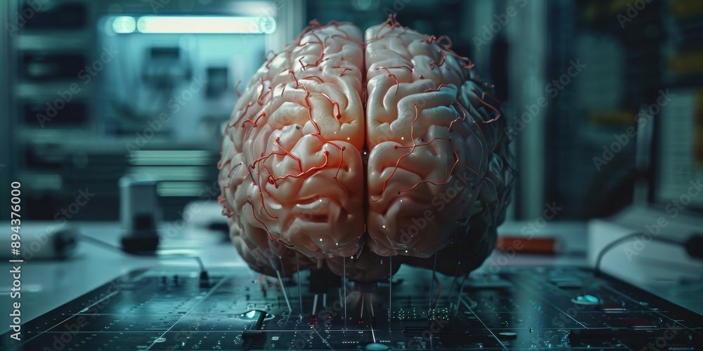 Poster research laboratory image showcasing a human brain with intricate details of nerve pathways and syna