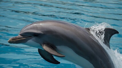 Naklejka premium A dolphin making a high arc above the ocean