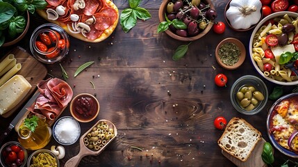 Italian cuisine Pasta pizza olives and antipasto toasts Flat lay on wooden table : Generative AI