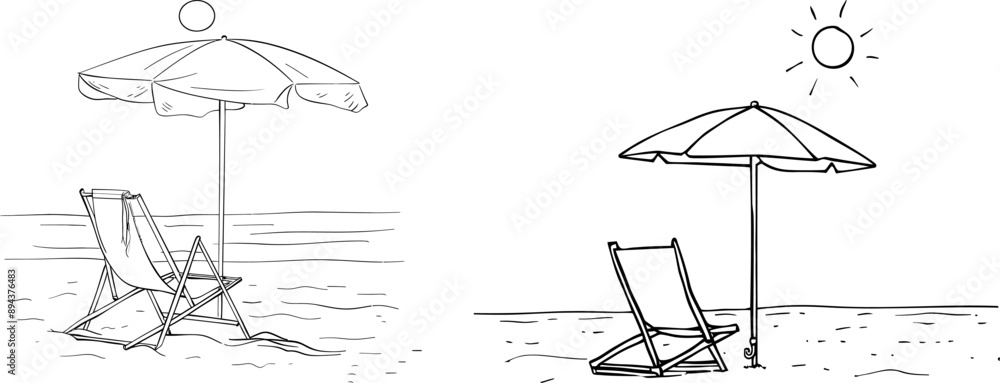 Poster an umbrella and chair on the beach in a continuous line drawing.