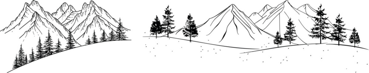 Fototapeta premium An illustration of a mountain landscape with fir trees. Continuous one-line line drawing