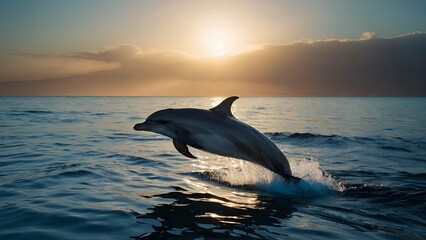 Fototapeta premium A pair of dolphins swimming side by side in the shimmering sunset light