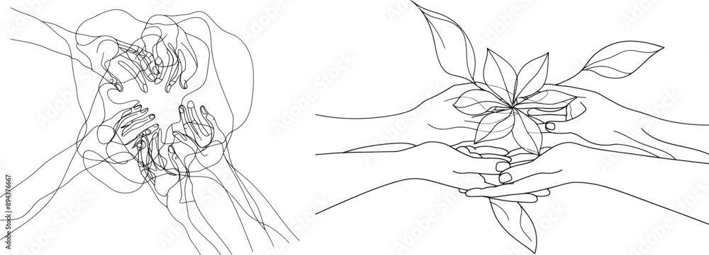 Poster drawing of a continuous line of hands. unity teamwork concept.