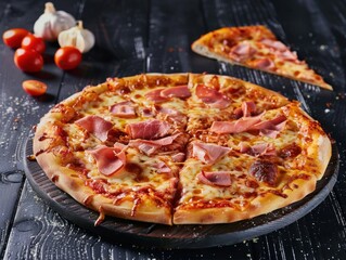 A delicious whole ham and cheese pizza, ready to be enjoyed.