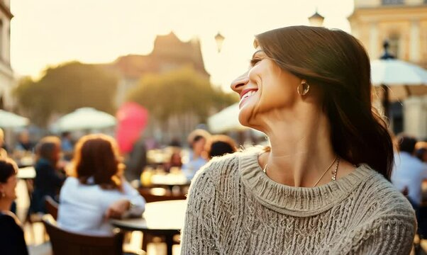 Close-up portrait video of a grinning woman in her 40s that is wearing a chic cardigan against a parisian or european cafe background