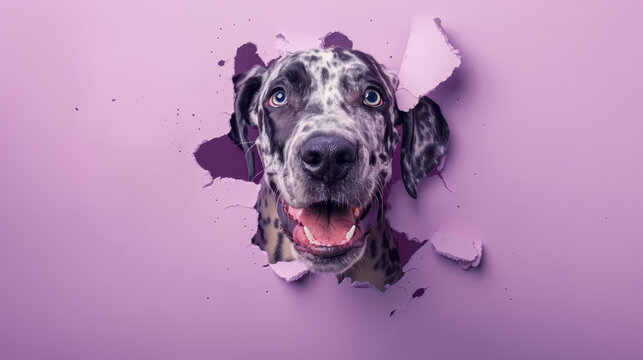 A joyful dog peeks through a torn pastel pink background, playfully bringing a smile with its vibrant expression.
