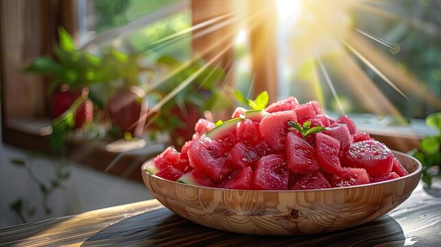 Bowl of fresh watermelon pieces in sunlight by the window, highlighting refreshing summer vibes and healthy eating.