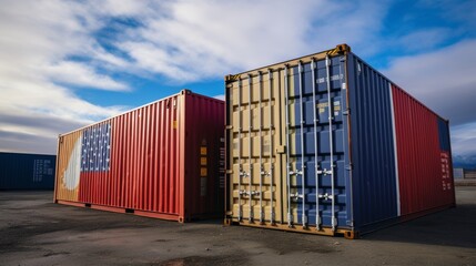 Usa eu trade war  american and european flags containers crash in the sky amid escalating tensions