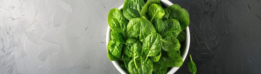 Fresh spinach leaves in a white bowl on dark textured background, top view. Healthy green vegetable for salads and cooking.