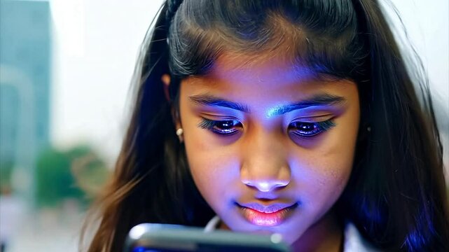 Indian teen girl with face lit up with blue light by her smartphone as she looks at social media as the camera pushes towards her.