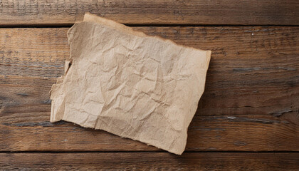 Obraz premium Aged crumpled paper with space for text on wooden table. Mock-up. Handwritten note. Flat lay