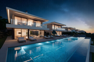 Fototapeta premium Luxury Villas at Twilight: An idyllic escape awaits in these modern villas, their infinity pool shimmering under a dusky sky. 