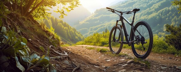 A mountain bike is parked against a stunning backdrop of snowy mountain peaks, representing the adventure and freedom associated with mountain biking in beautiful terrains