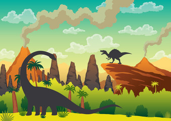 Prehistoric landscape - volcano with smoke, mountains, dinosaurs and green vegetation. illustration of beautiful prehistoric landscape and dinosaurs © the8monkey