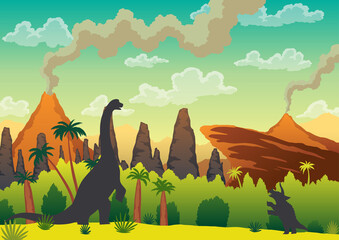 Prehistoric landscape - volcano with smoke, mountains, dinosaurs and green vegetation. illustration of beautiful prehistoric landscape and dinosaurs © the8monkey