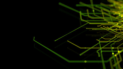 Cyberspace Concept with Technical Structure. Green and Yellow Futuristic Geometric Lines with copy-space.