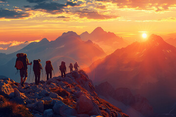 Naklejka premium Group of tourists in the mountains at sunset. Generated by artificial intelligence