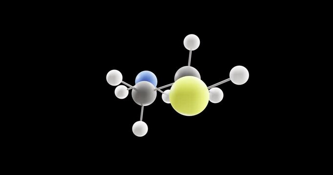 Cysteamine molecule, rotating 3D model of organosulfur compound, looped video on a black background