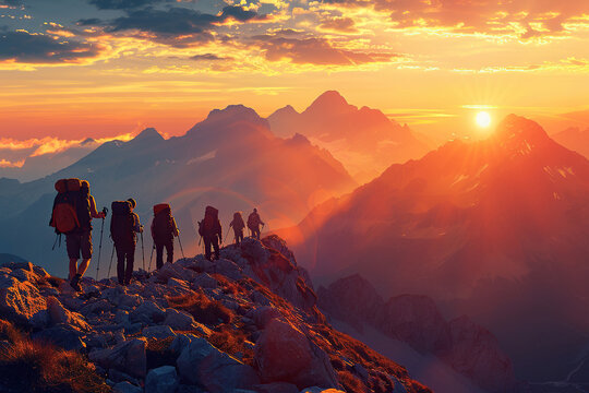 Group of tourists in the mountains at sunset. Generated by artificial intelligence