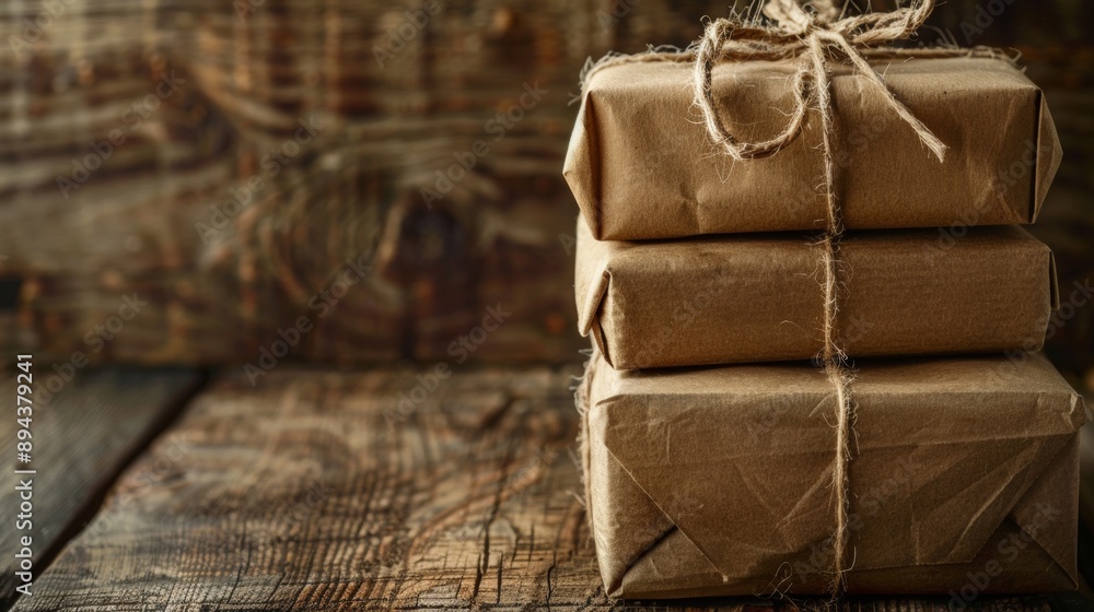 Poster stack of brown paper packages tied with string