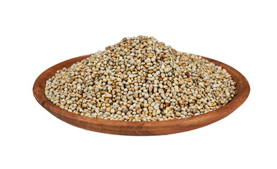 closeup pile of dry bajra pearl millet seed isolated on white background in wood bowl