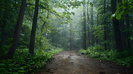 Obraz premium Image of the forest trail atmosphere with light rain falling. Create a shady and quiet atmosphere.