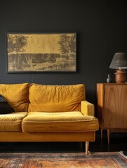 A stylish and comfortable living room with a vibrant yellow sofa, modern furniture, and tasteful artwork on the dark-colored walls.