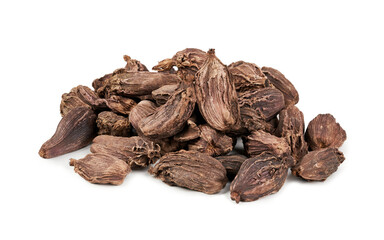 closeup pile of Amomum subulatum or black cardamom isolated on white background