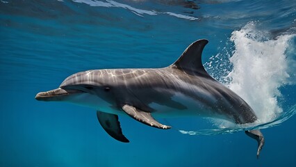Dolphins performing aerial leaps and creating stunning water patterns