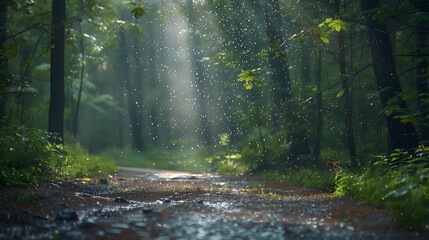 Obraz premium Image of the forest trail atmosphere with light rain falling. Create a shady and quiet atmosphere.